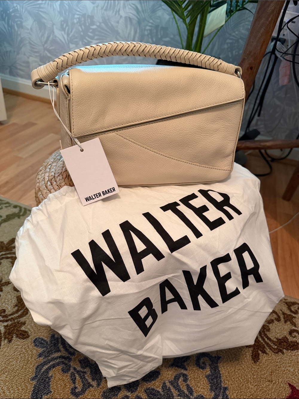 Walter Baker Cream Pebbled Leather Shoulder Bag with Woven Handle